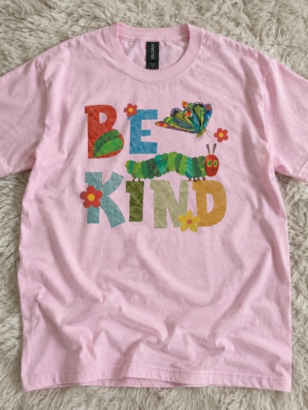 Gildan Light Pink 'Be Kind' Tee with Colorful Caterpillar & Butterfly Graphic